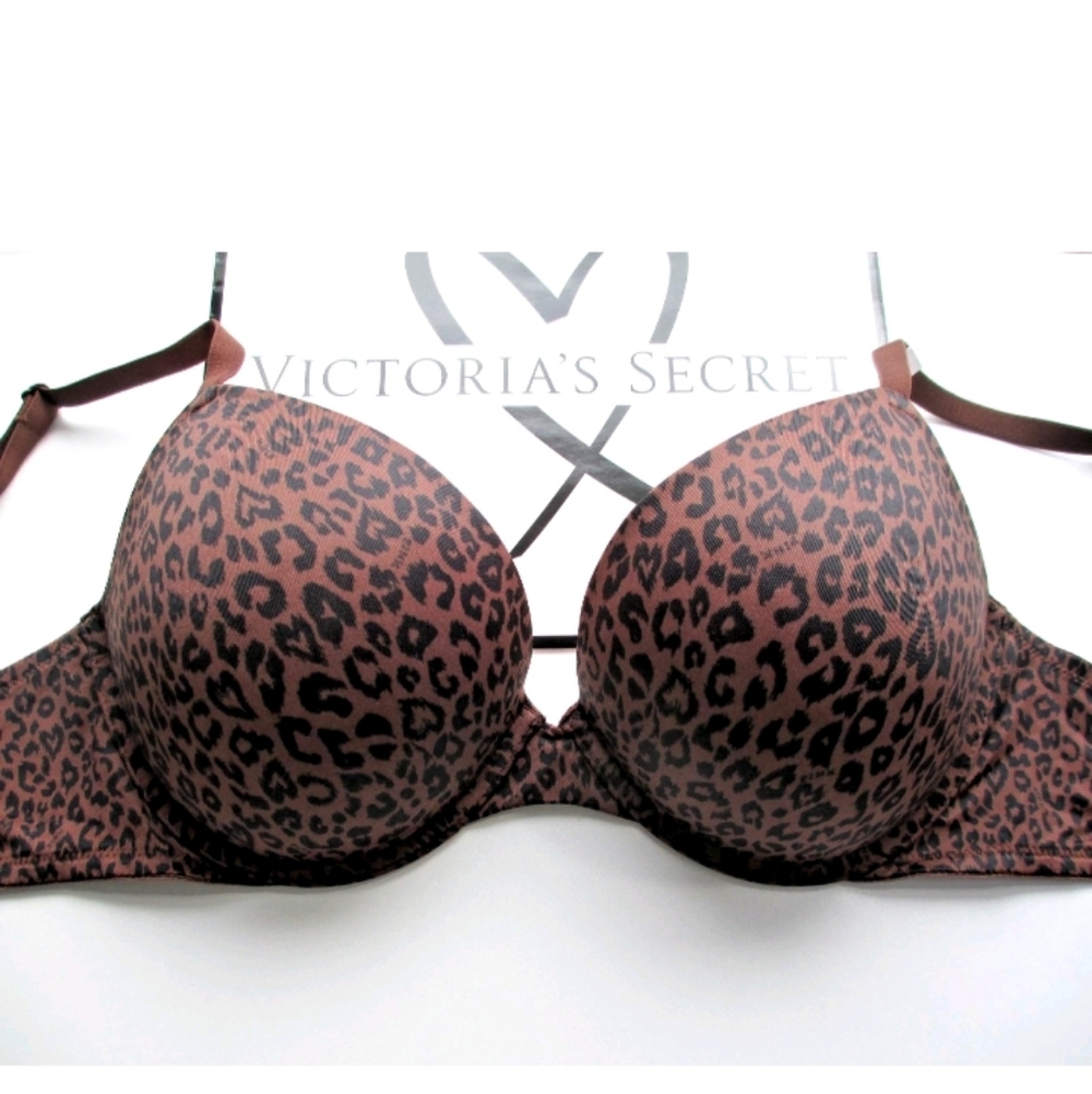 VICTORIA'S SECRET PINK Super Push-Up Bra VS Ganache Brown Leopard NWT